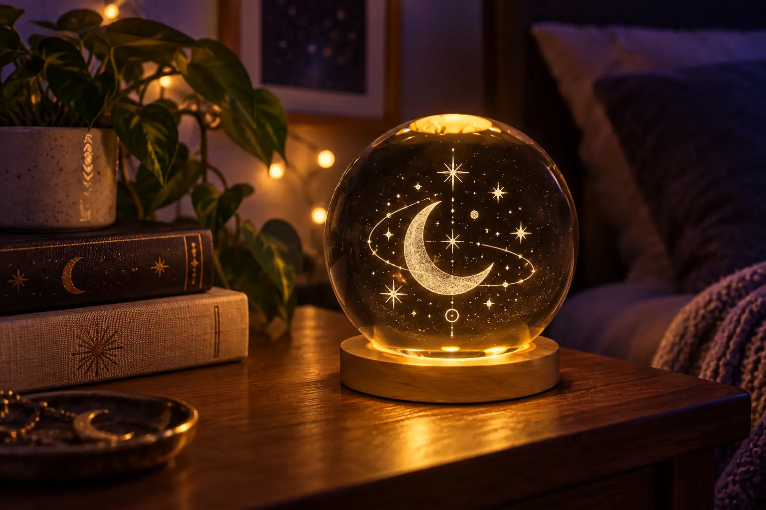 چراغ خواب کریستالی ماه در اتاق دارک