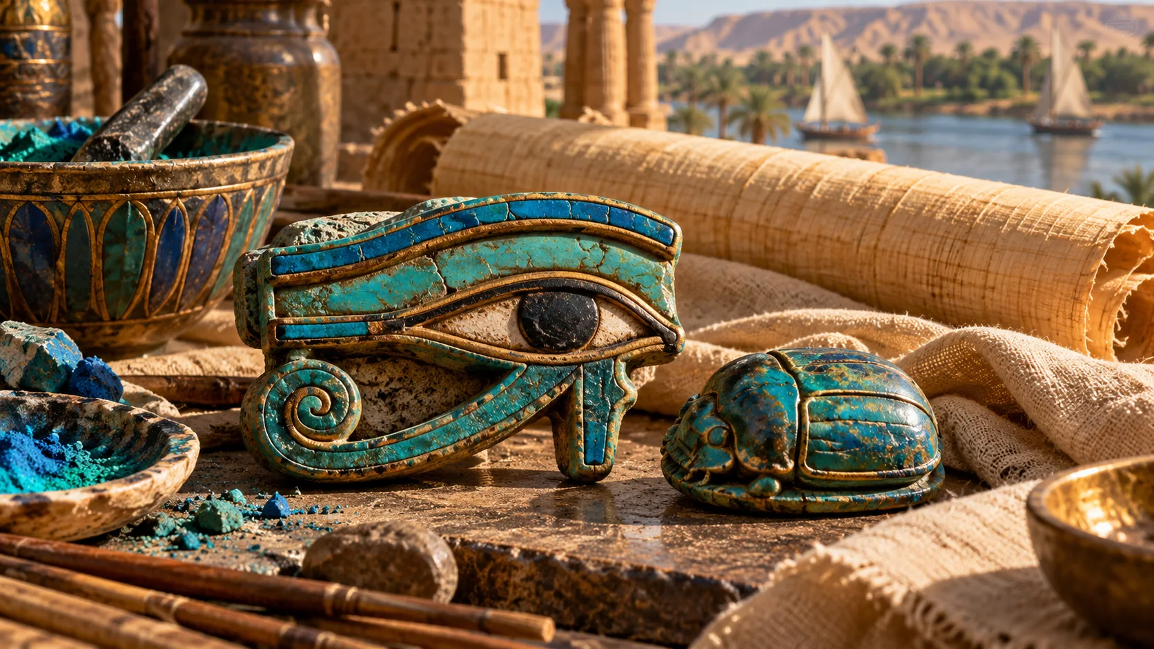 تعویذ چشم ودجات و سوسک سرگین‌غلتان در بازسازی مصر باستان